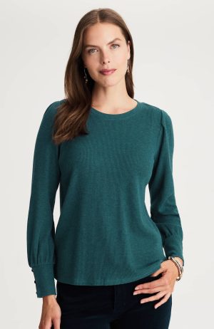 Buttoned-Cuff Waffle Top