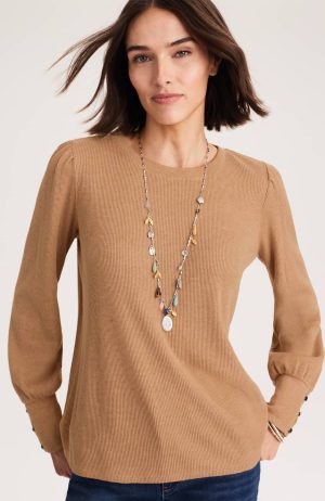 Buttoned-Cuff Waffle Top