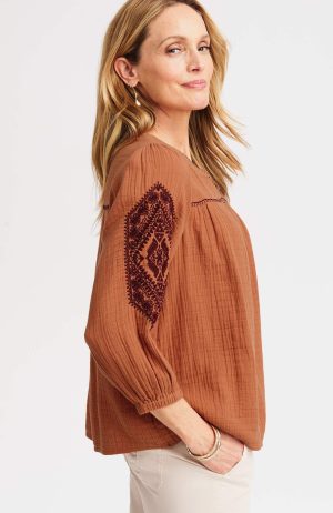 Cotton-Gauze Contrast-Embroidered Top