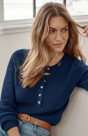 Waffle-Knit Henley Sweater