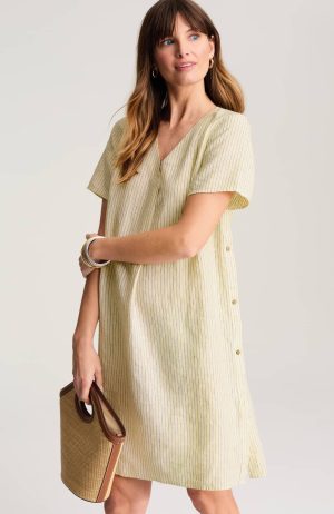 Side-Button Linen V-Neck Dress