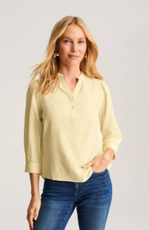 Linen-Blend Shirred-Sleeve Popover