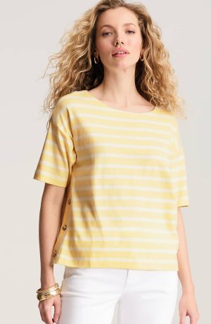 Mixed-Stripes Boat-Neck Top