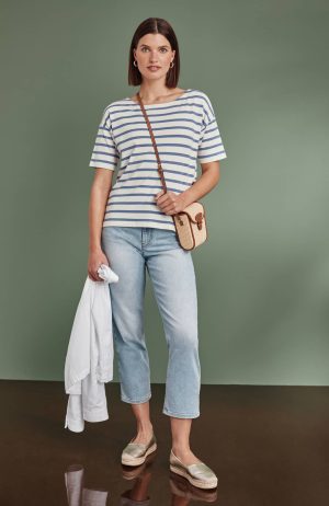 Mixed-Stripes Boat-Neck Top