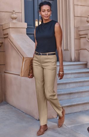 Linen-Stretch Straight-Leg Pants