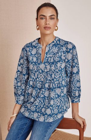 Pure Jill Block-Printed Pintucked Top
