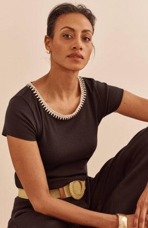 Crochet-Trim Cap-Sleeve Top
